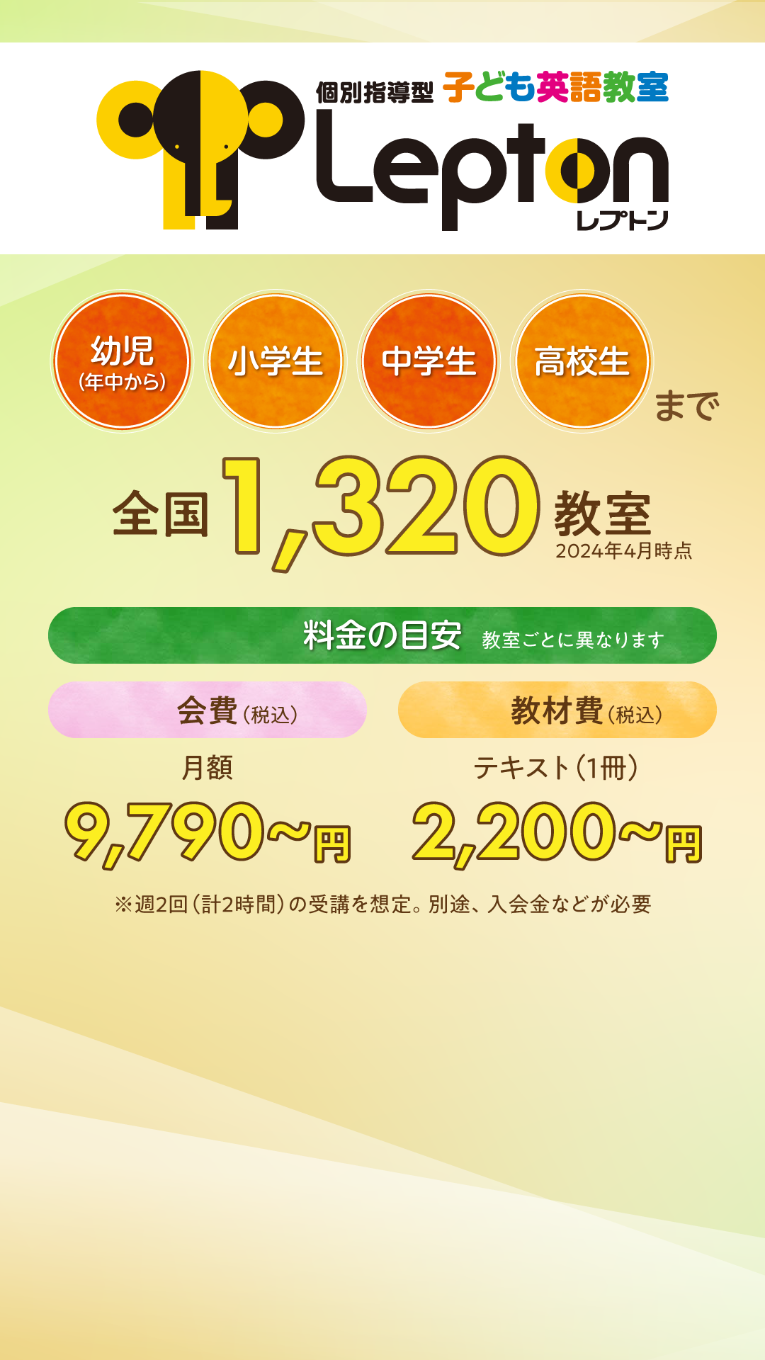 子ども英語教室Lepton。幼児（年中から）、小学生、中学生、高校生まで、全国1,320教室（2024年4月時点）。料金の目安（教室ごとに異なります）、会費（税込）月額に9,790～円。教材費（税込）2,200～円。※週2回（計2時間）の受講を想定。別途、入会金などが必要